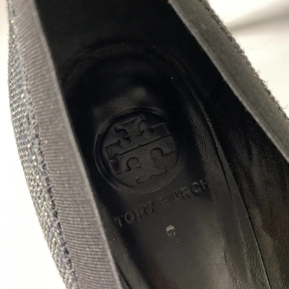 Tory Burch Pump Caroline Tweed Black Gold Round Toe Logo 9 M 3